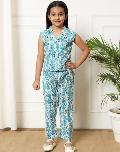 White Blue Sleeveless cord set