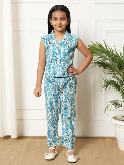 White Blue Sleeveless cord set